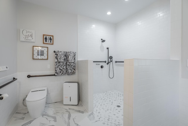 143 Walden Dr, Signal Mountain, TN 37377 - full bathroom with a walk in shower, recessed lighting, tile walls, a wainscoted wall, and marble look tile flooring