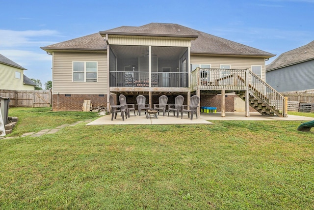 7459 Red Poppy Dr, Ooltewah, TN 37363 - back of house with a patio area, roof with shingles, a sunroom, stairway, and a fenced backyard