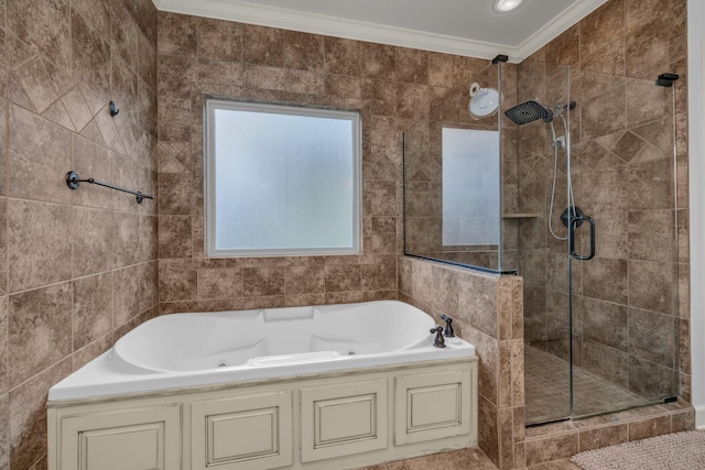 7459 Red Poppy Dr, Ooltewah, TN 37363 - bathroom with a shower stall, a tub with jets, and crown molding