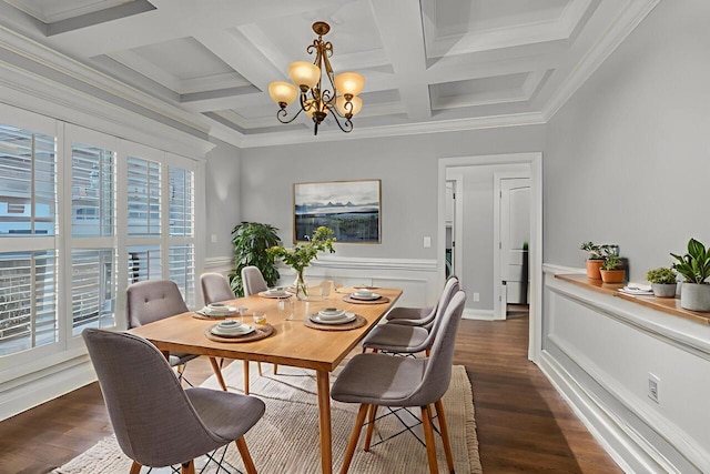 7459 Red Poppy Dr, Ooltewah, TN 37363 - dining space with a chandelier, coffered ceiling, dark wood finished floors, crown molding, and beam ceiling