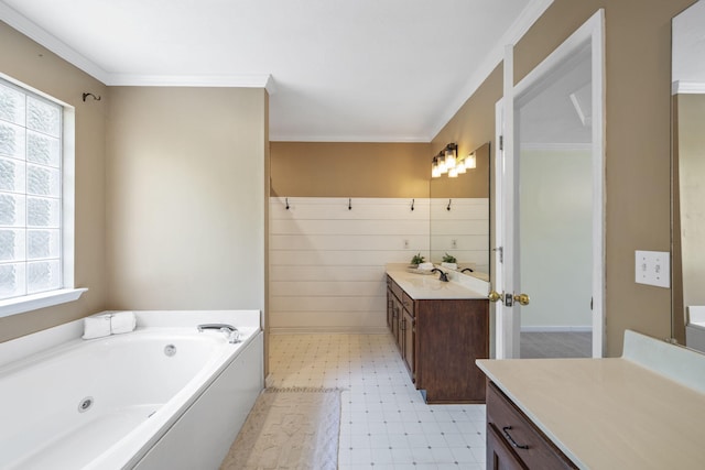 8616 River Cove Dr, Harrison, TN 37341 - full bath with tile patterned floors, vanity, a tub with jets, and ornamental molding
