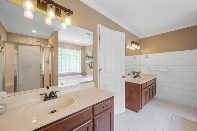 8616 River Cove Dr, Harrison, TN 37341 - full bathroom with ornamental molding, a shower stall, vanity, a garden tub, and tile patterned floors