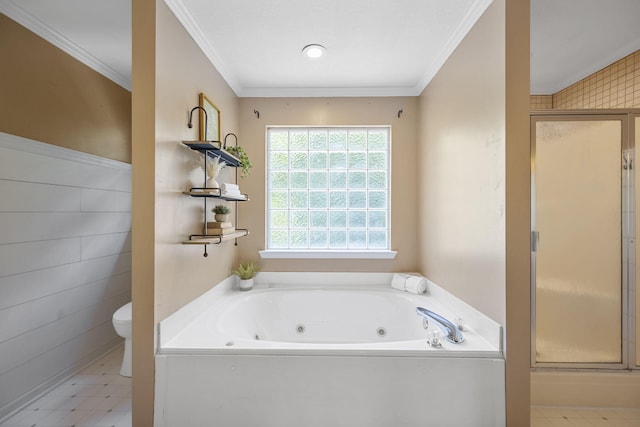 8616 River Cove Dr, Harrison, TN 37341 - bathroom with a shower stall, a tub with jets, and ornamental molding