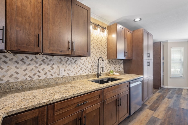 8616 River Cove Dr, Harrison, TN 37341 - kitchen with stainless steel dishwasher, ornamental molding, decorative backsplash, dark wood-type flooring, and light stone countertops