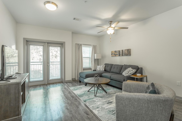 804 Riverfront Pkwy Unit 401, Chattanooga, TN 37402 - living area featuring dark wood-type flooring, french doors, and ceiling fan