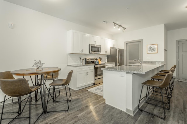 804 Riverfront Pkwy Unit 401, Chattanooga, TN 37402 - kitchen with appliances with stainless steel finishes, a breakfast bar area, dark wood finished floors, a peninsula, and white cabinetry