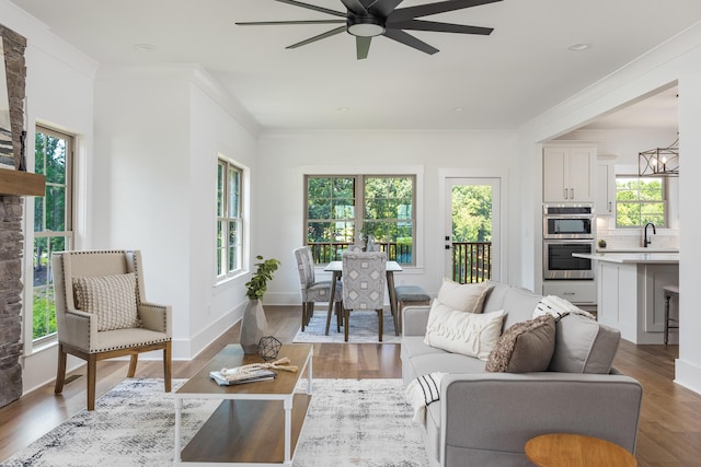 234 Goose Creek Cir, Soddy Daisy, TN 37379 - living area with healthy amount of natural light, a ceiling fan, crown molding, and wood finished floors