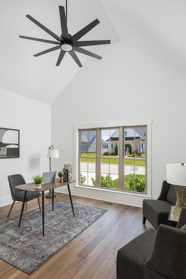 234 Goose Creek Cir, Soddy Daisy, TN 37379 - home office featuring high vaulted ceiling, ceiling fan, and wood finished floors