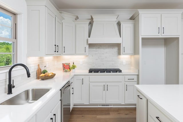234 Goose Creek Cir, Soddy Daisy, TN 37379 - kitchen featuring custom exhaust hood, appliances with stainless steel finishes, white cabinetry, wood finished floors, and light countertops