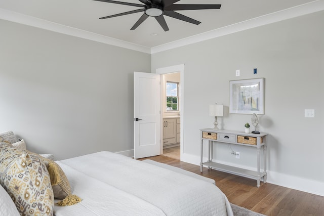 234 Goose Creek Cir, Soddy Daisy, TN 37379 - bedroom with wood finished floors, crown molding, a ceiling fan, and ensuite bathroom