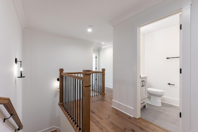 234 Goose Creek Cir, Soddy Daisy, TN 37379 - hall with an upstairs landing, light wood-style flooring, recessed lighting, and ornamental molding