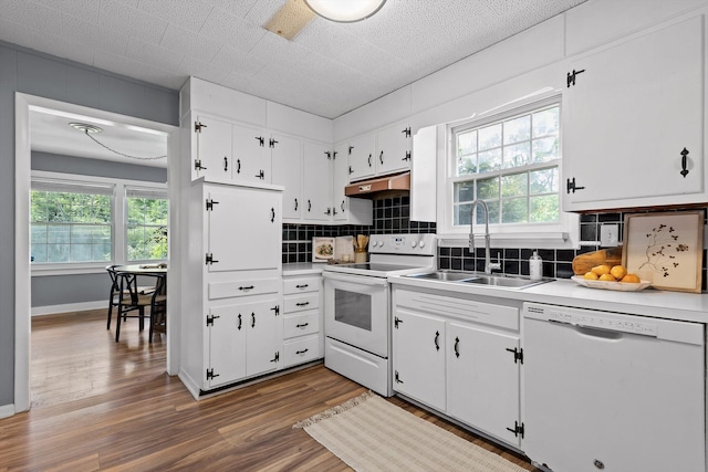620 Lullwater Rd, Chattanooga, TN 37405 - kitchen with white appliances, under cabinet range hood, healthy amount of natural light, and dark wood finished floors