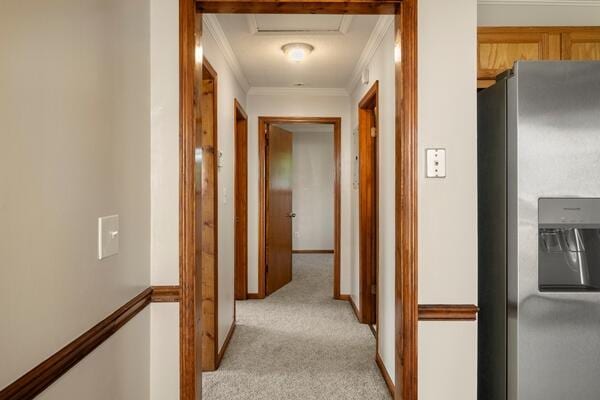 3224 Through St, Chattanooga, TN 37411 - hallway featuring crown molding, light carpet, and attic access