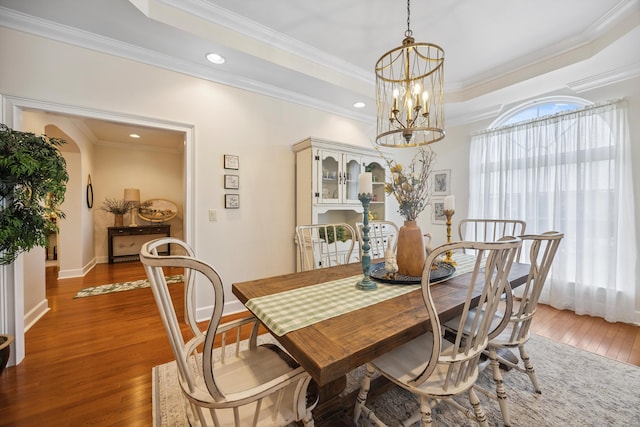 51 Montview Ct, Ringgold, GA 30736 - dining space with a chandelier, crown molding, hardwood / wood-style floors, a raised ceiling, and recessed lighting