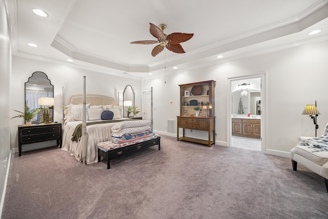 51 Montview Ct, Ringgold, GA 30736 - carpeted bedroom with a tray ceiling, ornamental molding, recessed lighting, ensuite bath, and ceiling fan
