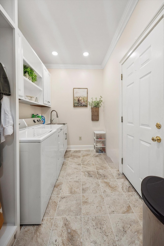 51 Montview Ct, Ringgold, GA 30736 - washroom with cabinet space, ornamental molding, separate washer and dryer, light stone finish flooring, and recessed lighting