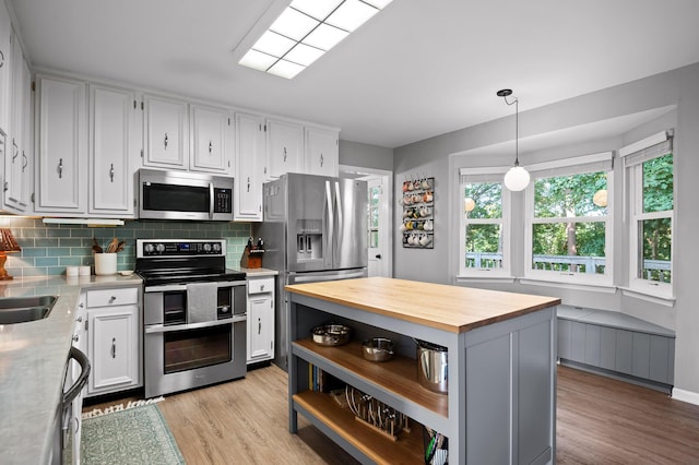 1303 Rockdale Ln, Hixson, TN 37343 - kitchen with appliances with stainless steel finishes, wood counters, white cabinets, and light wood-style floors