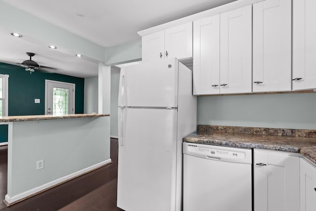 702 Runyan Dr, Chattanooga, TN 37405 - kitchen featuring white appliances, white cabinets, recessed lighting, ceiling fan, and dark countertops