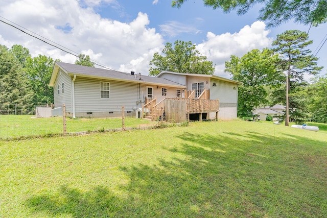 515 Choctaw Trl, Chattanooga, TN 37405 - back of house with crawl space, a wooden deck, a lawn, and stairway