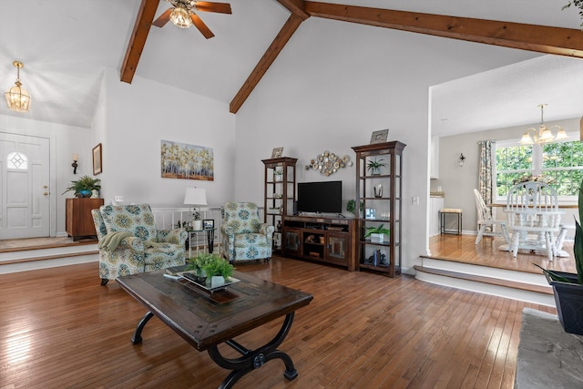 6233 Brenda Ct, Harrison, TN 37341 - living room featuring a chandelier, high vaulted ceiling, hardwood / wood-style flooring, a ceiling fan, and beam ceiling