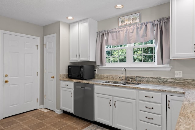 6233 Brenda Ct, Harrison, TN 37341 - kitchen featuring stainless steel dishwasher, black microwave, white cabinetry, recessed lighting, and light stone counters
