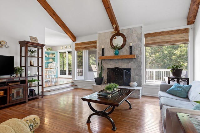 6233 Brenda Ct, Harrison, TN 37341 - living area featuring hardwood / wood-style flooring, plenty of natural light, and a stone fireplace
