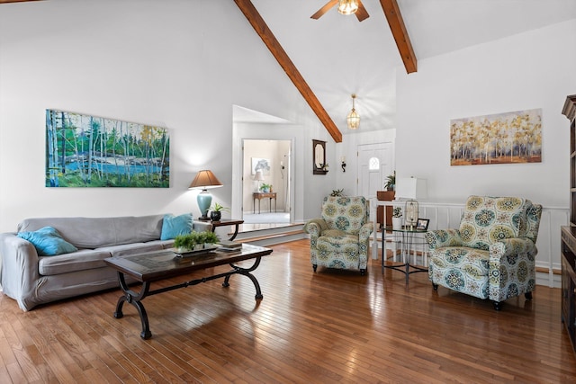 6233 Brenda Ct, Harrison, TN 37341 - living room with beam ceiling, high vaulted ceiling, wood-type flooring, and ceiling fan
