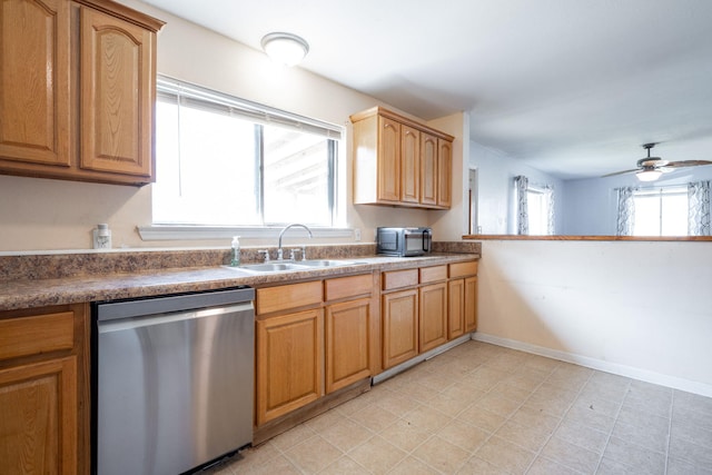 1153 Coffelt Rd, Hixson, TN 37343 - kitchen featuring stainless steel dishwasher, a ceiling fan, and dark countertops