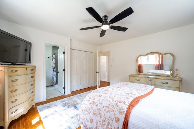 3707 Norma Dr, Chattanooga, TN 37412 - bedroom with light wood-type flooring, a closet, connected bathroom, and ceiling fan