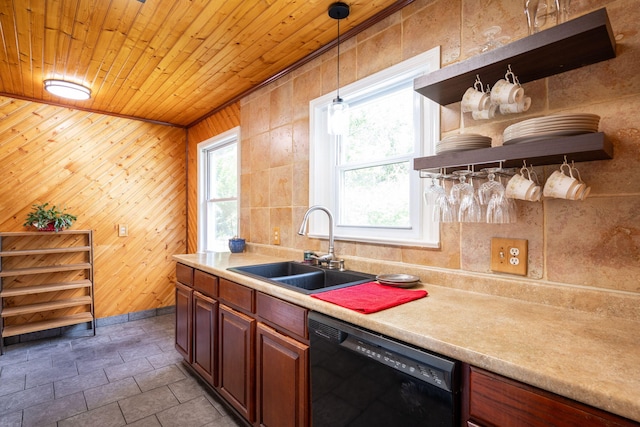 3707 Norma Dr, Chattanooga, TN 37412 - kitchen featuring black dishwasher, open shelves, wooden ceiling, light countertops, and wood walls
