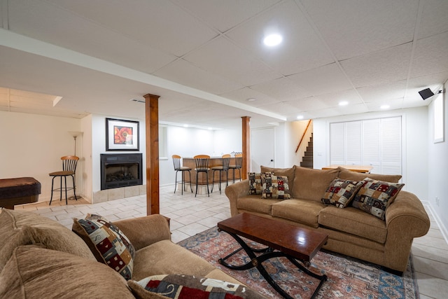3707 Norma Dr, Chattanooga, TN 37412 - living room with stairs, light tile patterned flooring, a fireplace, a drop ceiling, and recessed lighting