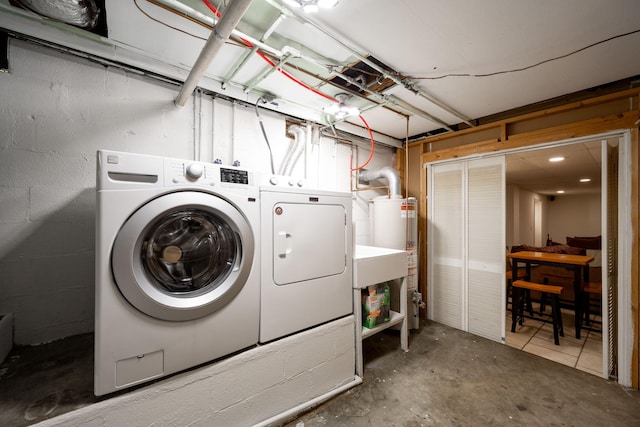 3707 Norma Dr, Chattanooga, TN 37412 - laundry area featuring washing machine and clothes dryer, water heater, and concrete block wall