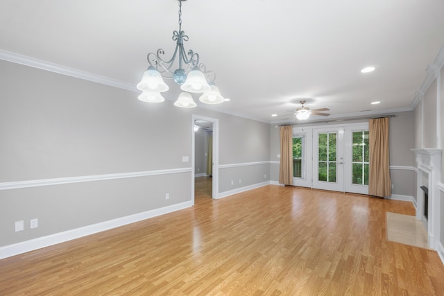 3609 Brass Lantern Way, Chattanooga, TN 37415 - unfurnished living room featuring crown molding, a ceiling fan, a chandelier, light wood-style floors, and recessed lighting