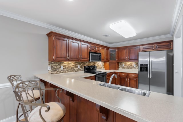 3609 Brass Lantern Way, Chattanooga, TN 37415 - kitchen with stainless steel appliances, tasteful backsplash, light countertops, ornamental molding, and glass insert cabinets