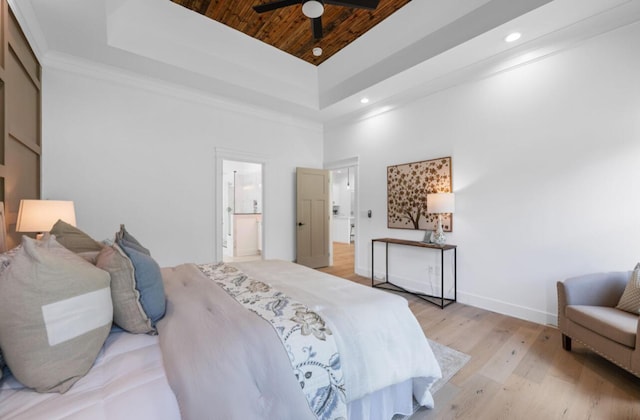 8340 Snowdrop Way, Ooltewah, TN 37363 - bedroom with a towering ceiling, a raised ceiling, wood ceiling, light wood-style flooring, and recessed lighting