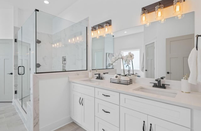 8340 Snowdrop Way, Ooltewah, TN 37363 - full bath with a marble finish shower, double vanity, and recessed lighting