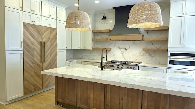 1103 Centennial Dr, Chattanooga, TN 37405 - kitchen featuring open shelves, custom range hood, light wood finished floors, white oven, and backsplash