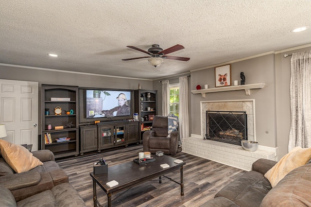 848 Skyline Park Dr, Signal Mountain, TN 37377 - living area with crown molding, ceiling fan, wood finished floors, a textured ceiling, and a fireplace