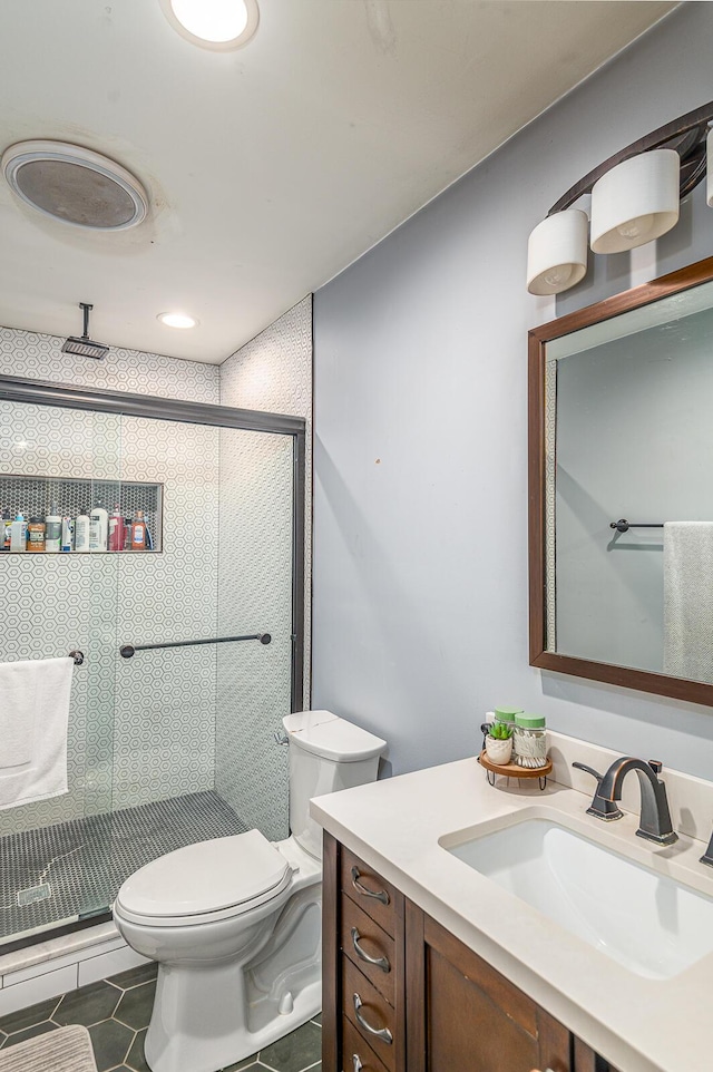 848 Skyline Park Dr, Signal Mountain, TN 37377 - full bathroom with vanity, a shower stall, tile patterned floors, and recessed lighting