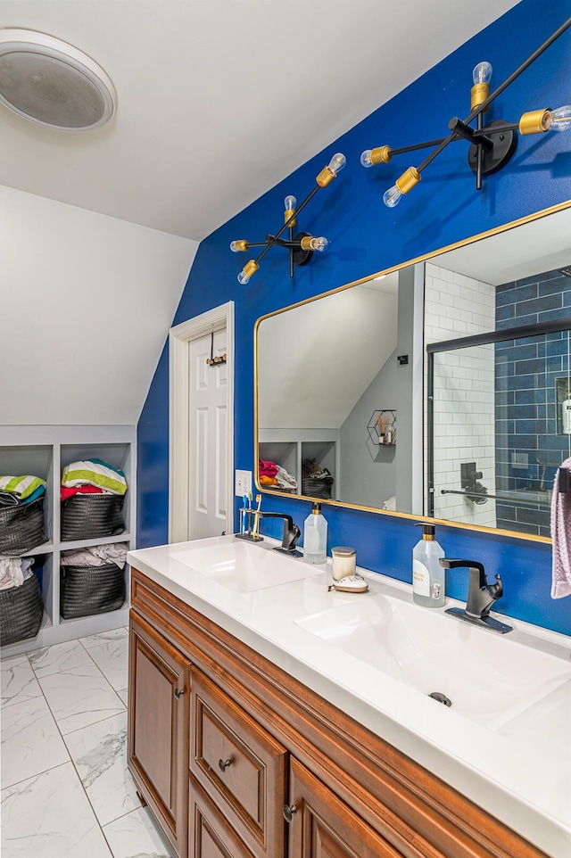 848 Skyline Park Dr, Signal Mountain, TN 37377 - bathroom with double vanity, lofted ceiling, a tile shower, and marble look tiles