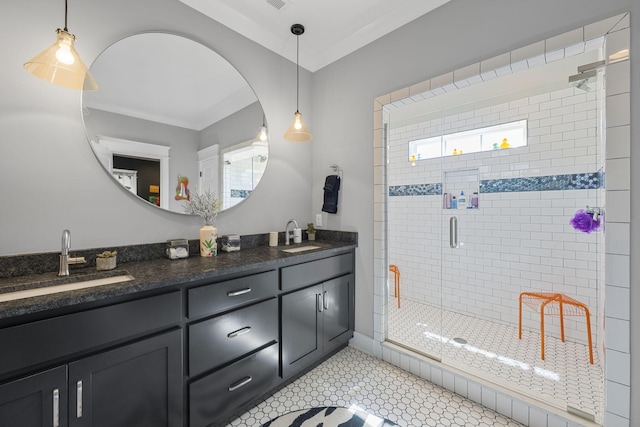 834 Dartmouth St, Chattanooga, TN 37405 - bathroom with a shower stall, double vanity, and crown molding
