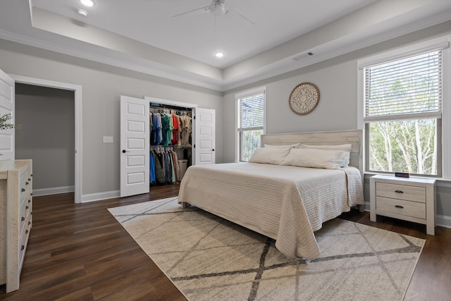 596 Nature Trl, Soddy Daisy, TN 37379 - bedroom featuring a tray ceiling, dark wood-type flooring, a walk in closet, ceiling fan, and recessed lighting