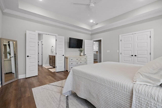 596 Nature Trl, Soddy Daisy, TN 37379 - bedroom featuring a raised ceiling, dark wood-type flooring, recessed lighting, a closet, and ceiling fan
