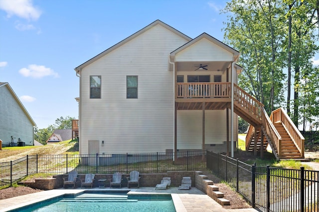 596 Nature Trl, Soddy Daisy, TN 37379 - back of house featuring stairway, a ceiling fan, a fenced backyard, and a patio