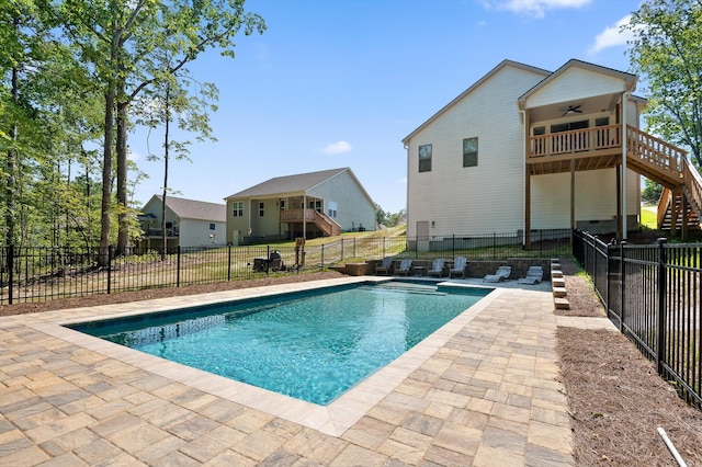 596 Nature Trl, Soddy Daisy, TN 37379 - view of pool featuring stairs, ceiling fan, a patio, and a fenced backyard