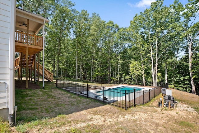 596 Nature Trl, Soddy Daisy, TN 37379 - view of pool with stairway, ceiling fan, and a wooden deck