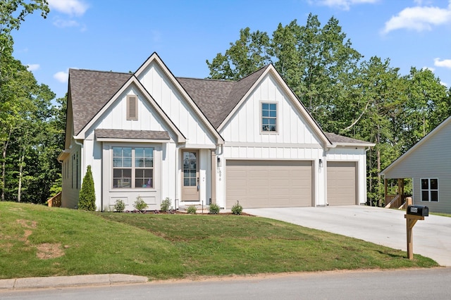 596 Nature Trl, Soddy Daisy, TN 37379 - modern farmhouse style home featuring roof with shingles, board and batten siding, driveway, and a front lawn