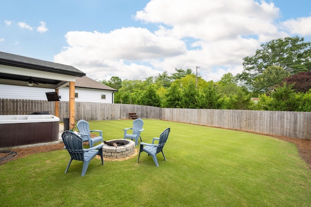 8520 Kensley Ln, Hixson, TN 37343 - fenced backyard with a hot tub, an outdoor fire pit, and ceiling fan