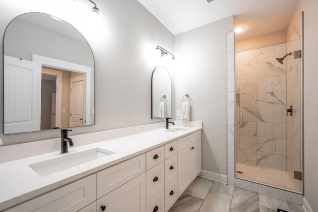 8520 Kensley Ln, Hixson, TN 37343 - full bathroom with marble finish floors, a shower stall, and double vanity