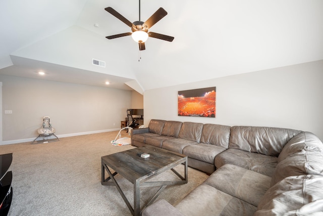 8520 Kensley Ln, Hixson, TN 37343 - living area featuring ceiling fan, carpet flooring, recessed lighting, and high vaulted ceiling